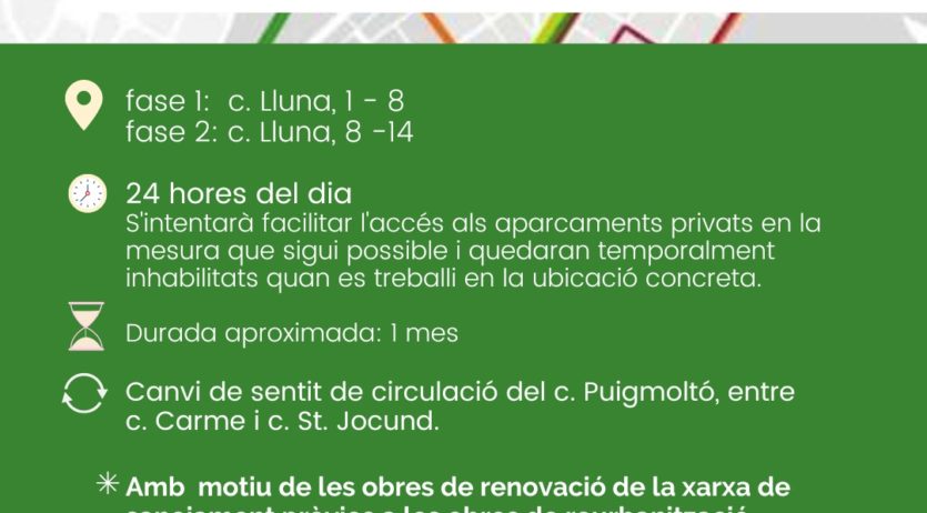 El carrer de la Lluna tallat al trànsit durant un mes per obres de la xarxa de sanejament