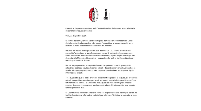 La Colla Vella informa en un comunicat de l’evolució “favorable” de la seva castellera